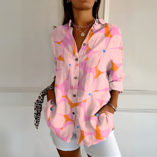 Women's Floral Button-Up Blouse with Long Sleeves and Relaxed Fit