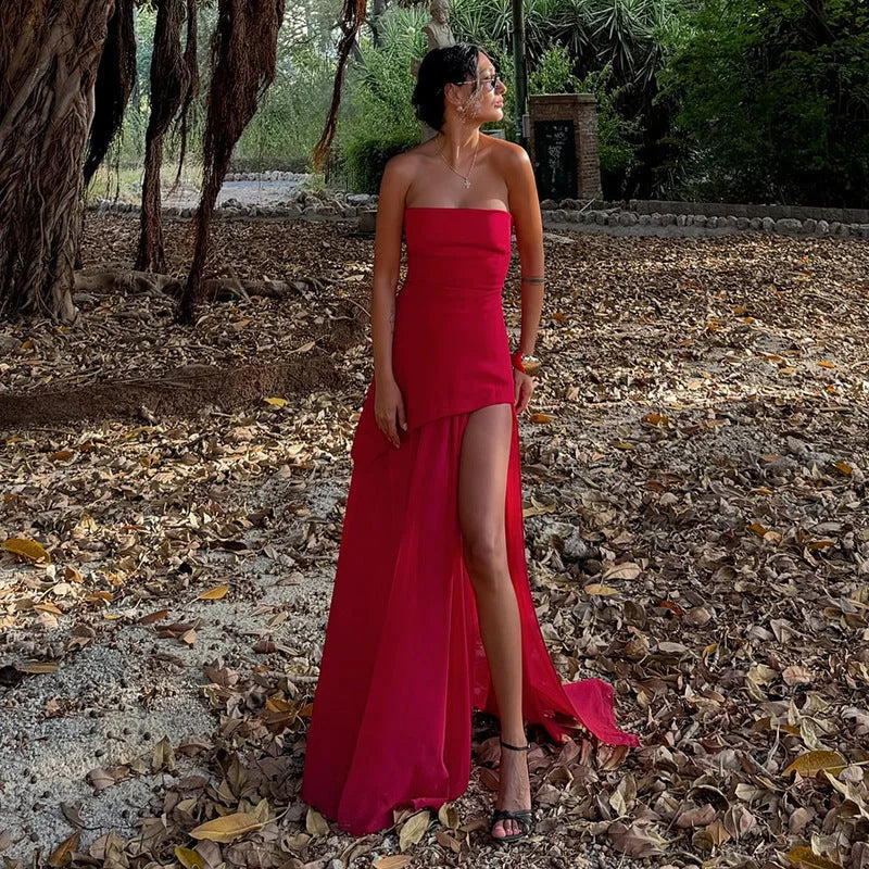 Women's Asymmetrical Strapless Maxi Dress with Layered Skirt