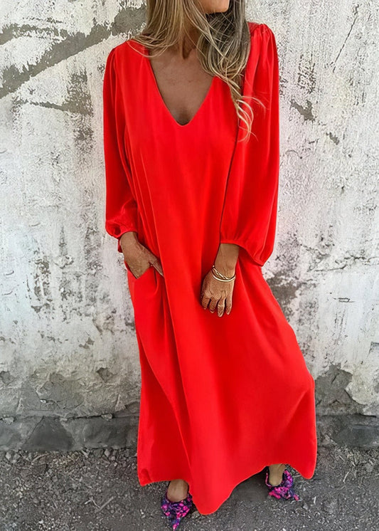Women's Long Sleeve V-Neck Boho Maxi Dress with Pockets
