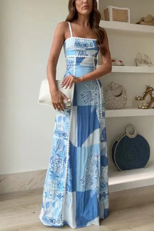 Women's Blue Patterned Maxi Dress with Lace Trim and Spaghetti Straps