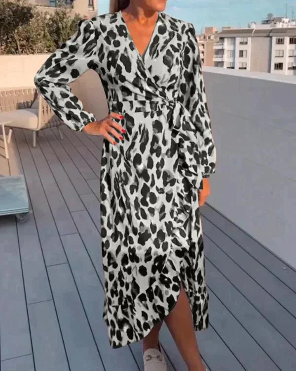 Women's Long Sleeve Wrap Maxi Dress with Leopard Print and Slit