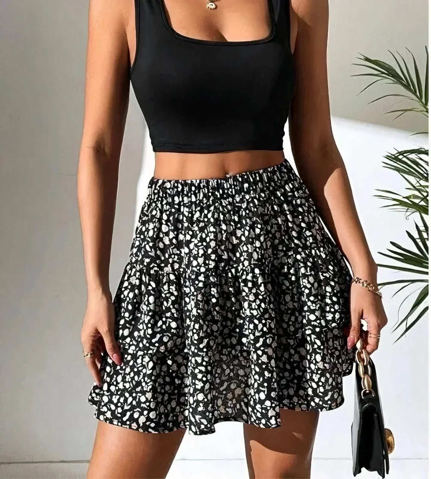 Women's Smocked Waist Ruffle Mini Skirt with Geometric Print
