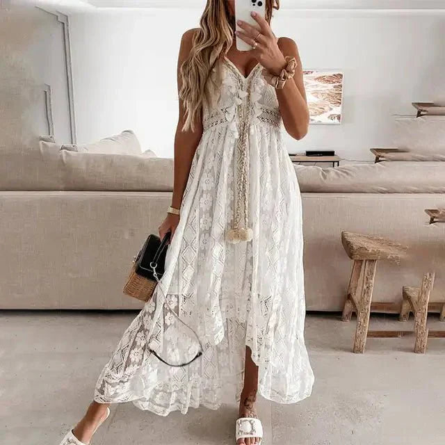 Women's Boho Style Sleeveless V-Neck Maxi Dress with Tassels
