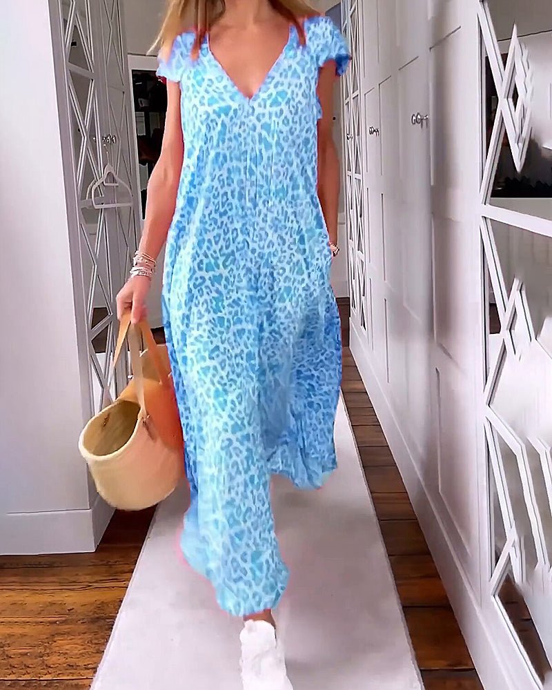 Women's V-Neck Maxi Dress with Animal Print and Relaxed Fit