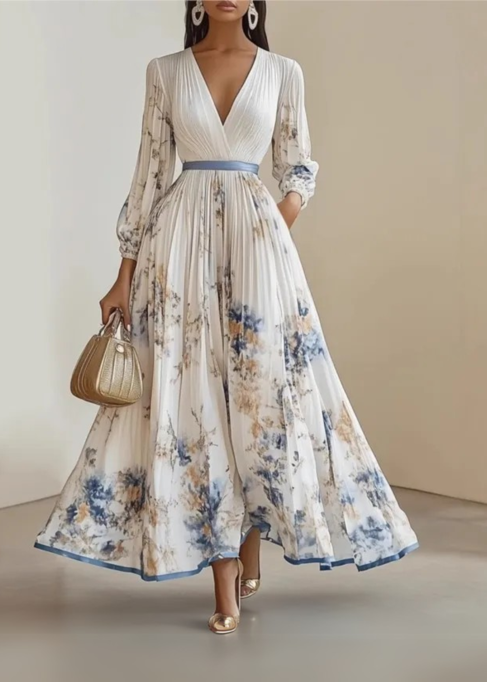 Women's Boho Maxi Wrap Dress with Long Sleeves and Floral Print