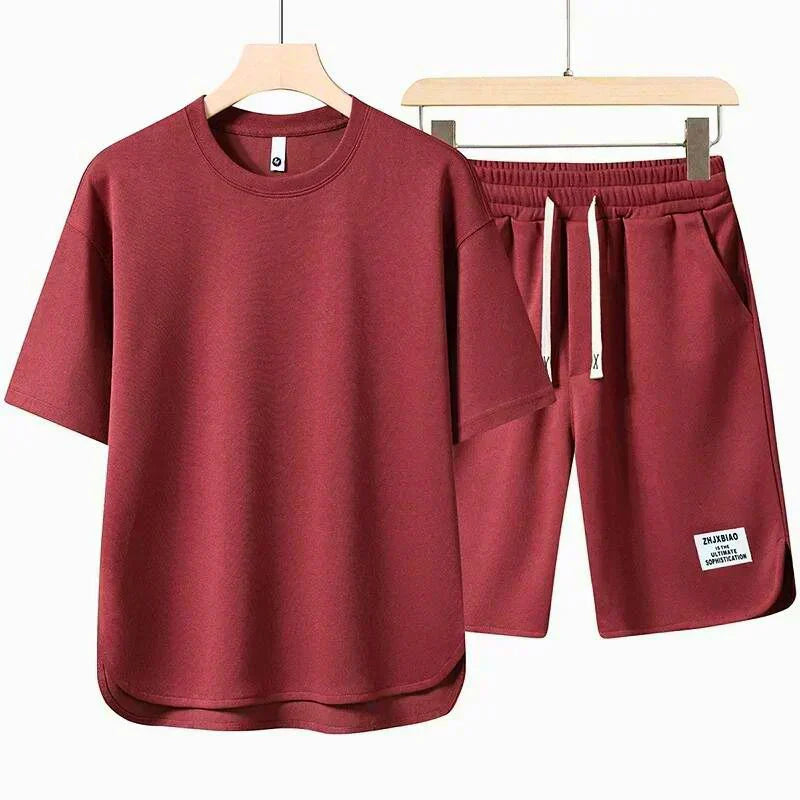 Men's Two Piece Casual T-Shirt and Shorts Set with Drawstring Waist