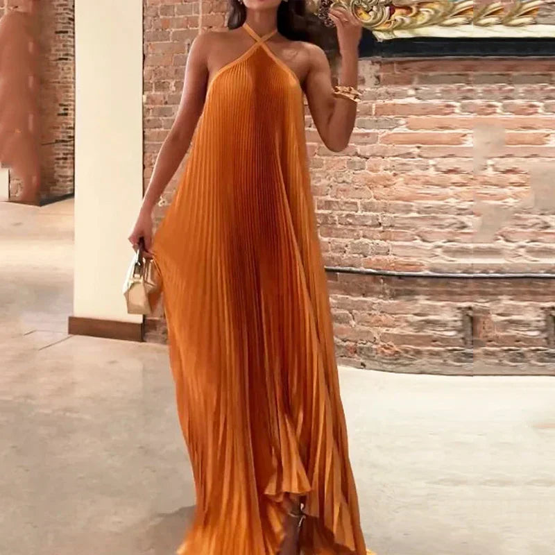Women's Elegant Pleated Halter Neck Maxi Dress with Flowing Fit