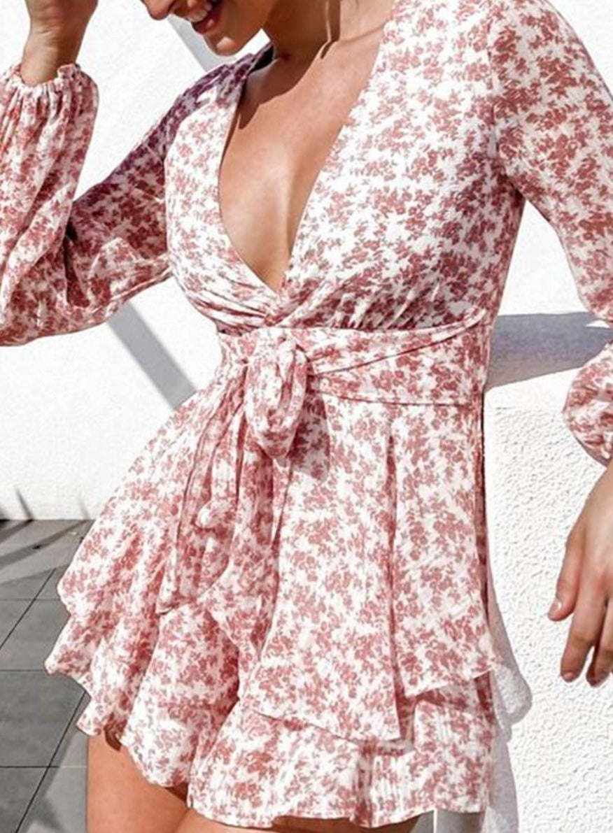 Women’s Long Sleeve V-Neck Ruffle Hem Jumpsuit with Layered Shorts