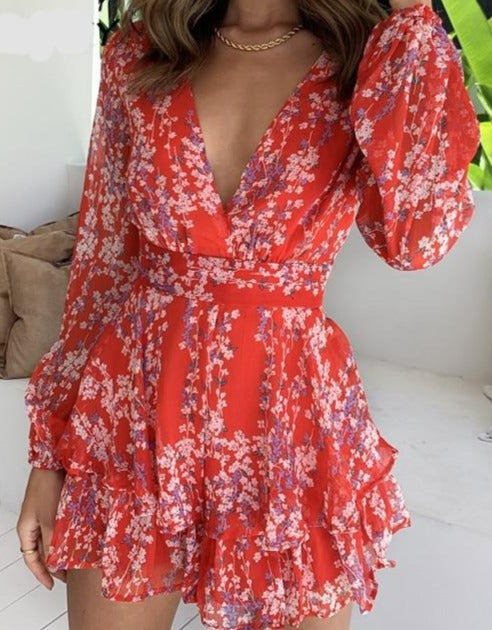 Women’s Long Sleeve V-Neck Ruffle Hem Jumpsuit with Layered Shorts