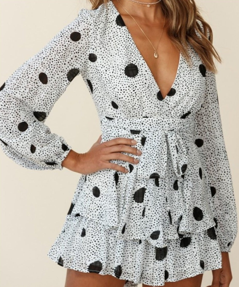 Women’s Long Sleeve V-Neck Ruffle Hem Jumpsuit with Layered Shorts