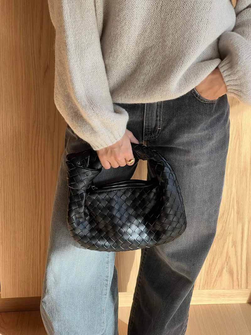 Women's Woven Mini Handbag with Top Handle and Knot Detail