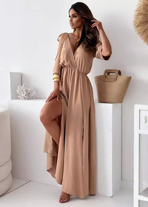 Women's Maxi Dress with Side Slit and Draped Wrap Front Design