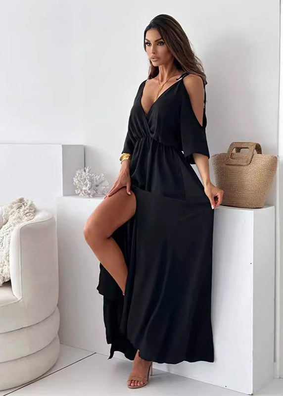 Women's Maxi Dress with Side Slit and Draped Wrap Front Design