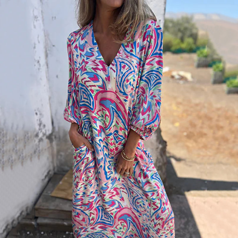 Women's Printed Maxi Dress with V-Neck and Relaxed Fit Sleeves