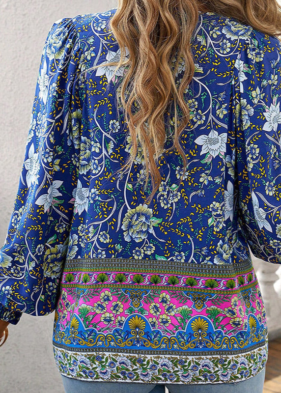 Women's Long-Sleeve Floral Blouse with Tie Neckline