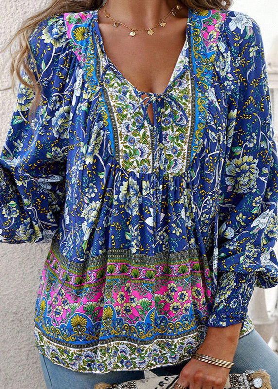 Women's Long-Sleeve Floral Blouse with Tie Neckline