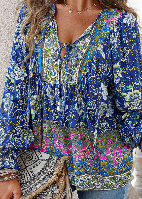 Women's Long-Sleeve Floral Blouse with Tie Neckline