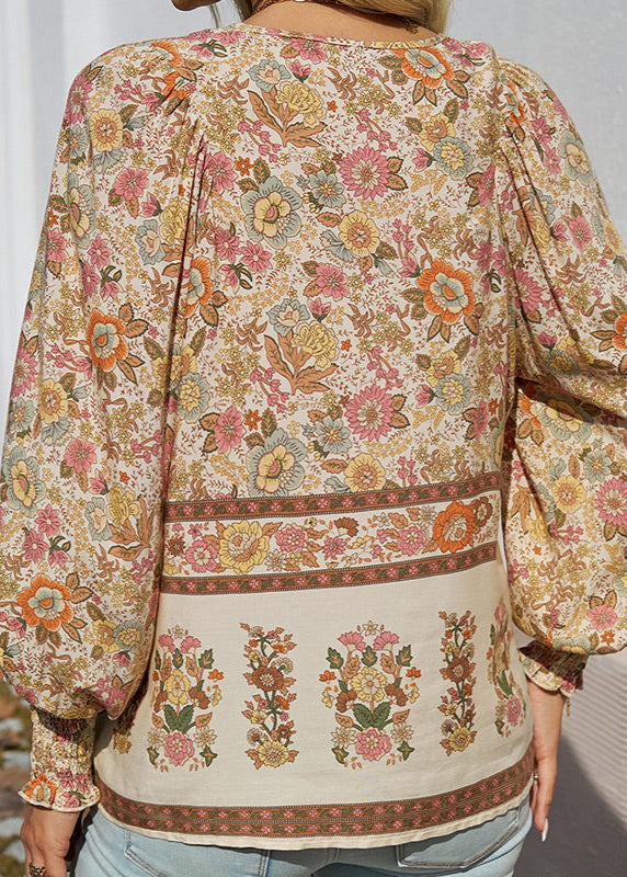 Women's Long-Sleeve Floral Blouse with Tie Neckline