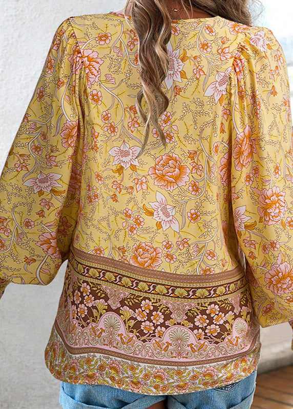 Women's Long-Sleeve Floral Blouse with Tie Neckline