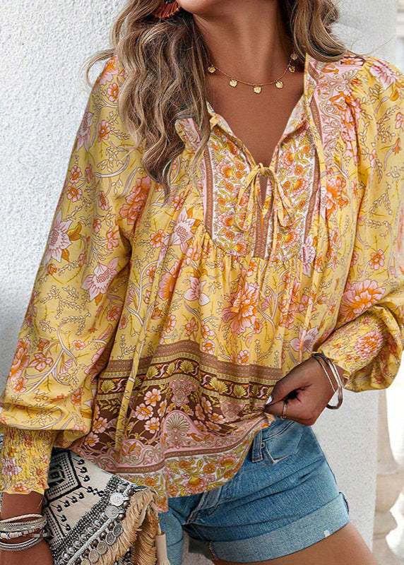 Women's Long-Sleeve Floral Blouse with Tie Neckline