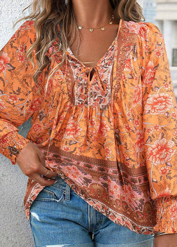 Women's Long-Sleeve Floral Blouse with Tie Neckline