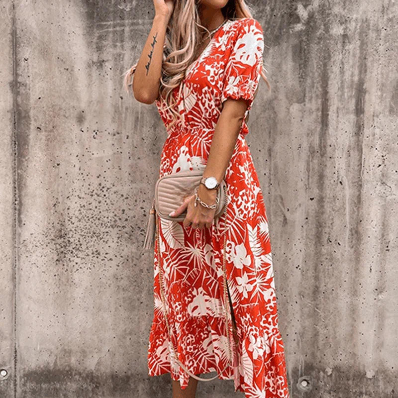 Women's Button-Front Maxi Dress with Floral Print and Side Slit