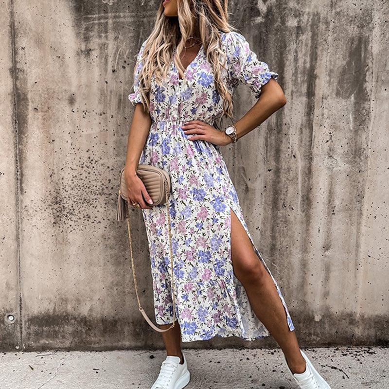 Women's Button-Front Maxi Dress with Floral Print and Side Slit