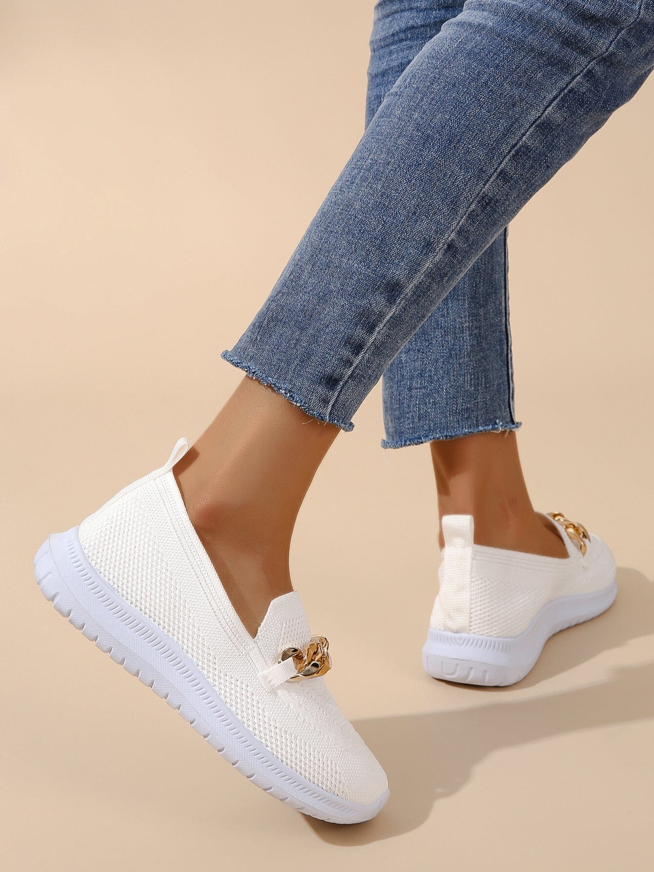 Women's Slip-On Walking Shoes with Chain Detail and Support Sole