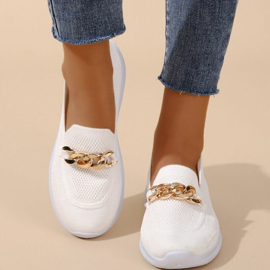 Women's Slip-On Walking Shoes with Chain Detail and Support Sole