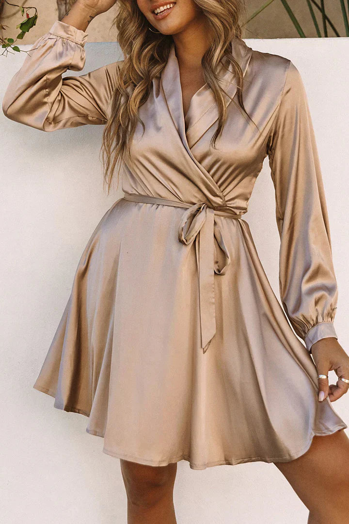 Women's Long Sleeve Wrap Mini Dress with Belted Waist Design