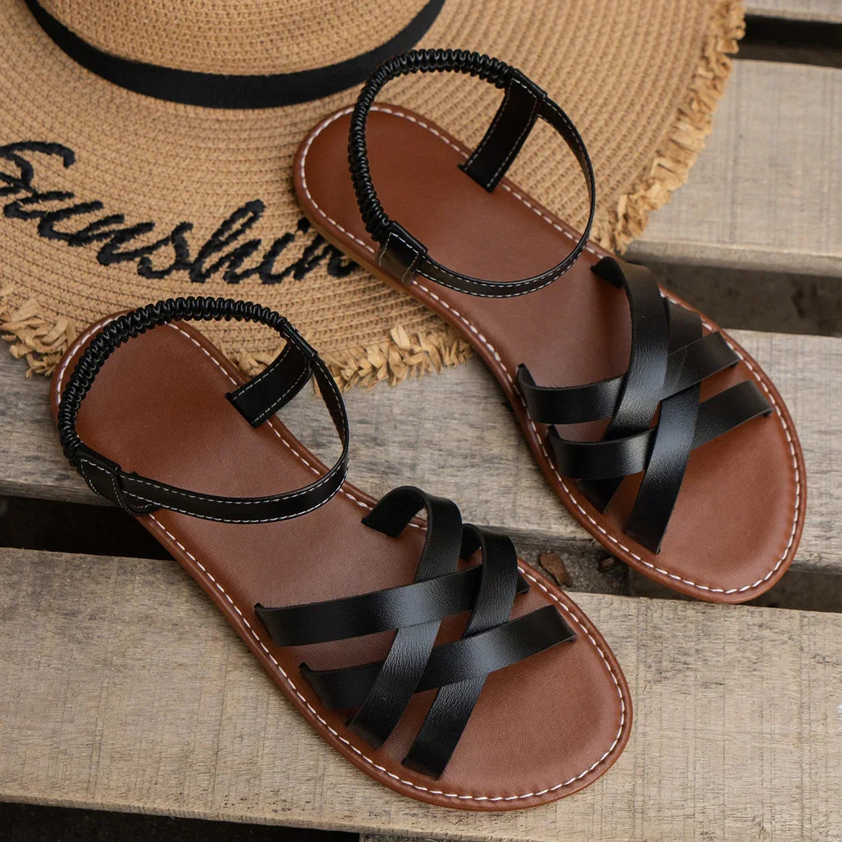 Women's Crisscross Strap Slip-On Sandals with Elastic Backband