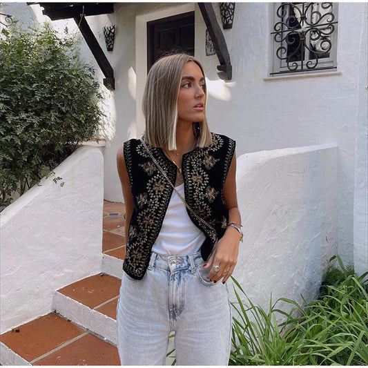 Women's Sleeveless Vintage Embroidered Vest with Open Front Design