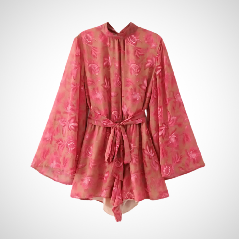 Women's Long Sleeve Belted Jumpsuit with High Neck and Flowing Sleeves