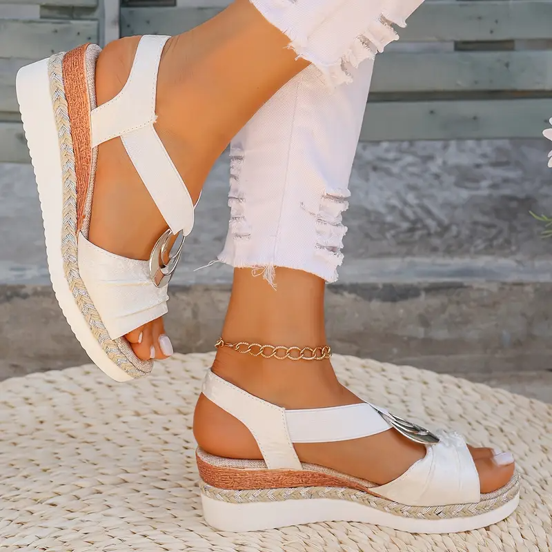 Women's Platform Sandals with Crisscross Straps and Metallic Ring Detail