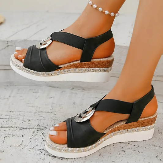 Women's Platform Sandals with Crisscross Straps and Metallic Ring Detail