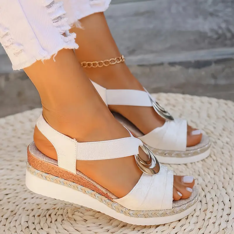 Women's Platform Sandals with Crisscross Straps and Metallic Ring Detail