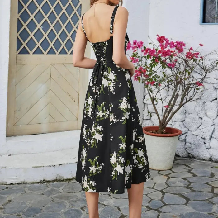 Women's Floral Midi Dress with Sweetheart Neck and Front Slit