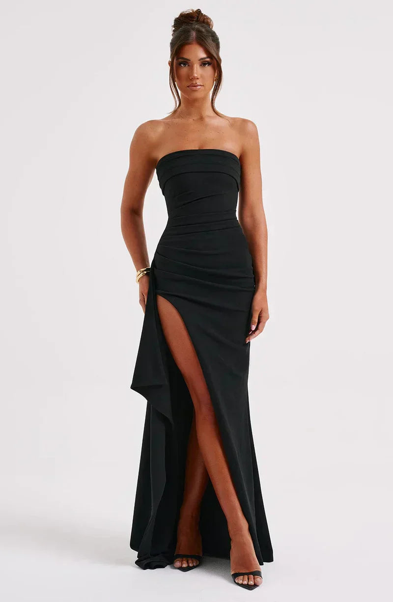 Women's Strapless Maxi Dress with Side Slit and Draped Skirt